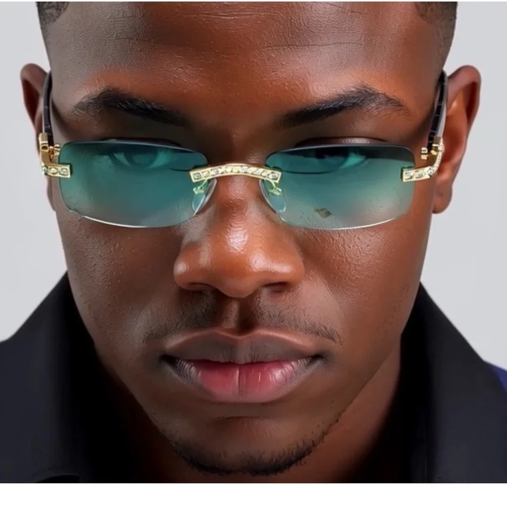 Green Gradient Lens Sunglasses Men Gold Tone Sophisticated Bling Rapper 2025 Rap